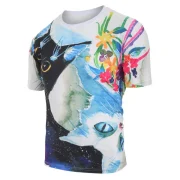 Galaxy Cat and Flowers Print hort leeves T-shirt - Fansmadedirect