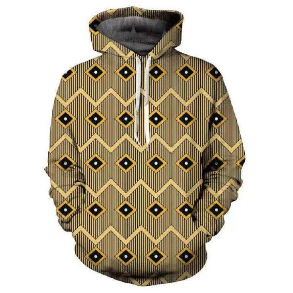 Geometric Stripe Printed Pouch Pocket Hoodie - Goldenrod Fansmadedirect