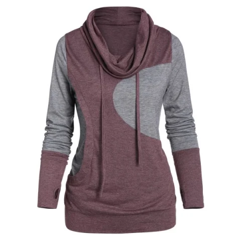 Glove Sleeve Contrast Heathered Drawstring Cowl Neck T-shirt - Firebrick Fansmadedirect