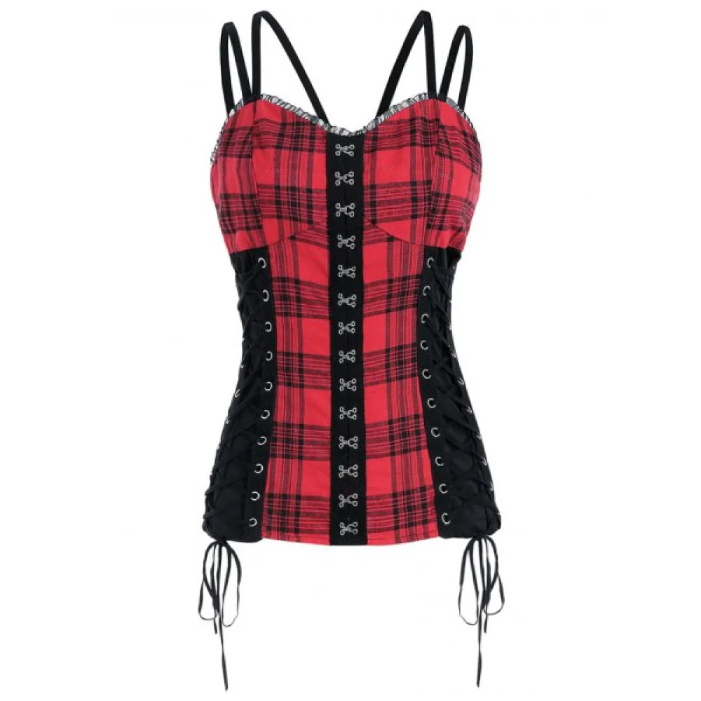 Gothic Plaid Spaghetti Strap Corset Tank Top - Red Wine Fansmadedirect