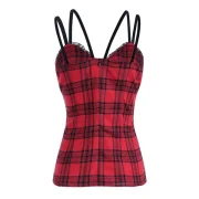 Gothic Plaid Spaghetti Strap Corset Tank Top - Red Wine Fansmadedirect