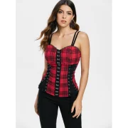 Gothic Plaid Spaghetti Strap Corset Tank Top - Red Wine Fansmadedirect