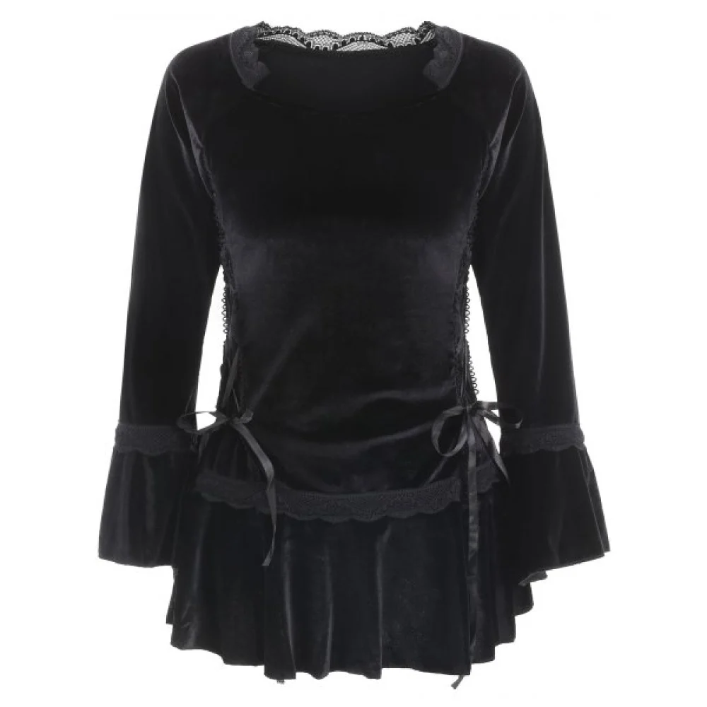 Gothic Style Sweetheart Neck Long Sleeve Pure Color Lace-Up Women's Blouse - Black Fansmadedirect