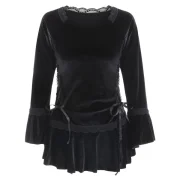 Gothic Style Sweetheart Neck Long Sleeve Pure Color Lace-Up Women's Blouse - Black Fansmadedirect