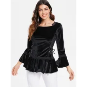 Gothic Style Sweetheart Neck Long Sleeve Pure Color Lace-Up Women's Blouse - Black Fansmadedirect