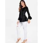 Gothic Style Sweetheart Neck Long Sleeve Pure Color Lace-Up Women's Blouse - Black Fansmadedirect