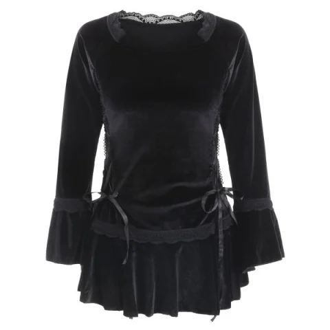 Gothic Style Sweetheart Neck Long Sleeve Pure Color Lace-Up Women's Blouse - Black Fansmadedirect