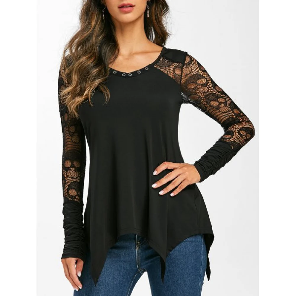 Grommet Lace Panel Sheer Ruched Long Sleeve Tee - Black Fansmadedirect