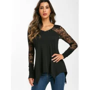 Grommet Lace Panel Sheer Ruched Long Sleeve Tee - Black Fansmadedirect