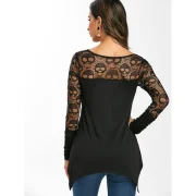 Grommet Lace Panel Sheer Ruched Long Sleeve Tee - Black Fansmadedirect