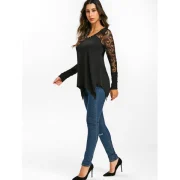 Grommet Lace Panel Sheer Ruched Long Sleeve Tee - Black Fansmadedirect