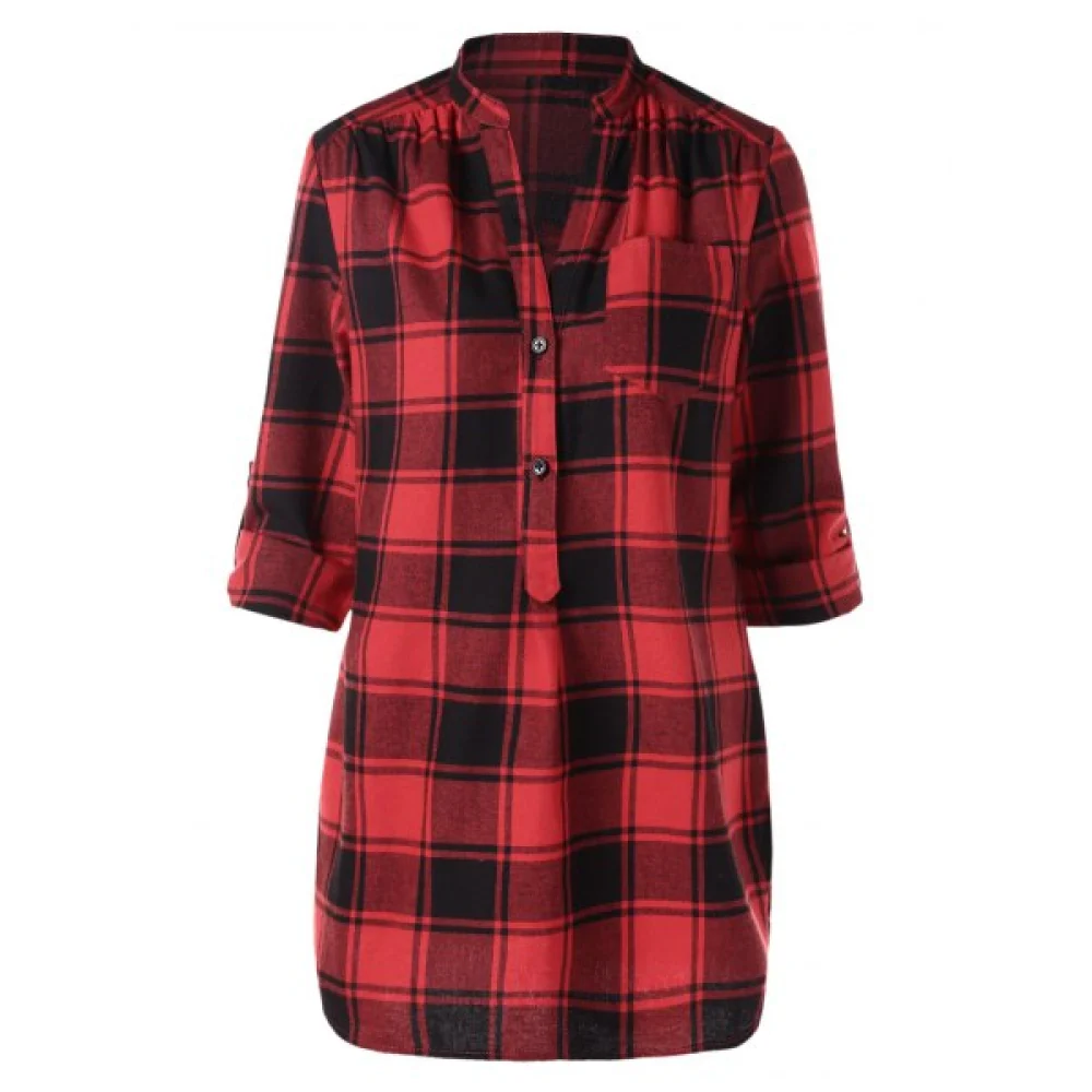 Half Button Front Pocket Tartan Blouse - Fansmadedirect