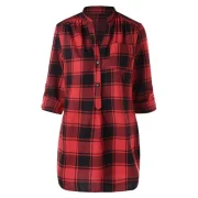 Half Button Front Pocket Tartan Blouse - Fansmadedirect
