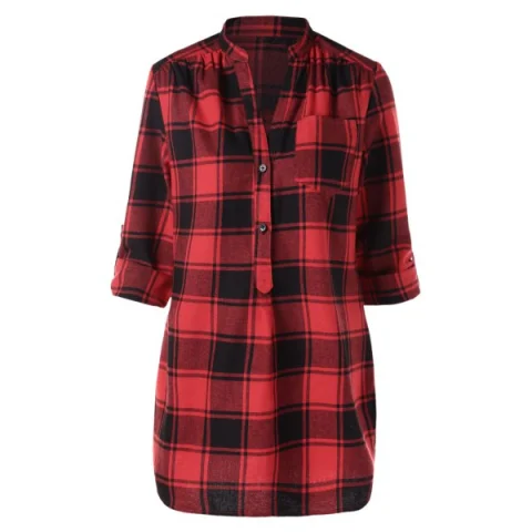 Half Button Front Pocket Tartan Blouse - Fansmadedirect
