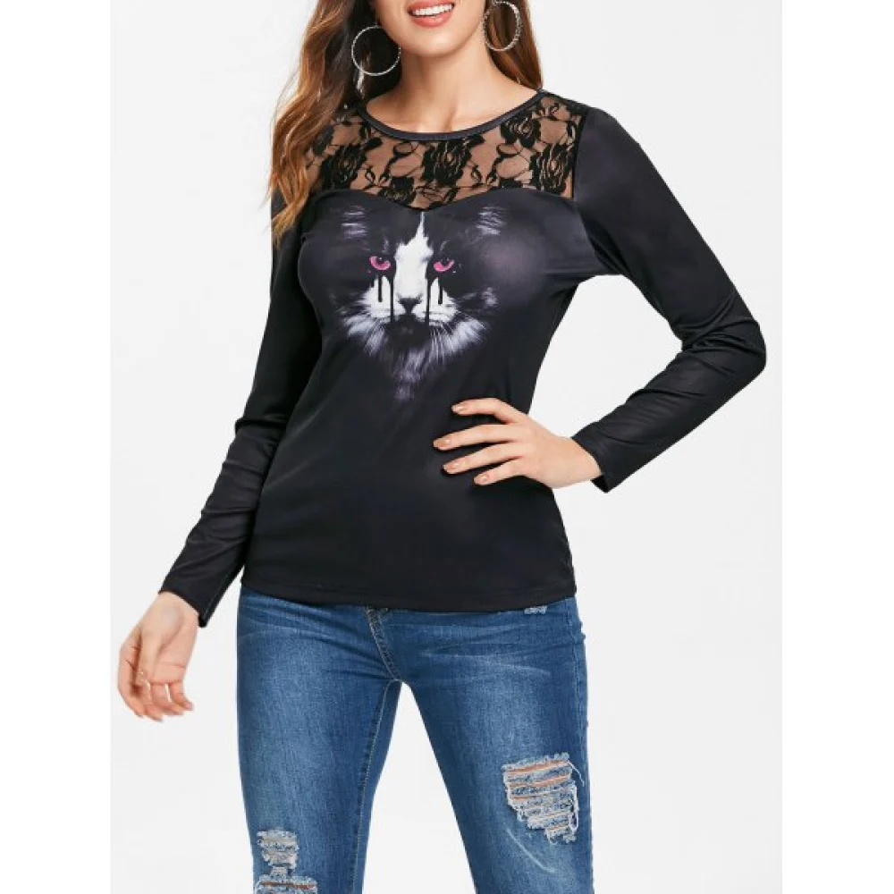 Halloween 3D Cat Print Lace Insert T-shirt - Black Fansmadedirect