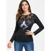 Halloween 3D Cat Print Lace Insert T-shirt - Black Fansmadedirect