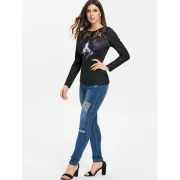 Halloween 3D Cat Print Lace Insert T-shirt - Black Fansmadedirect