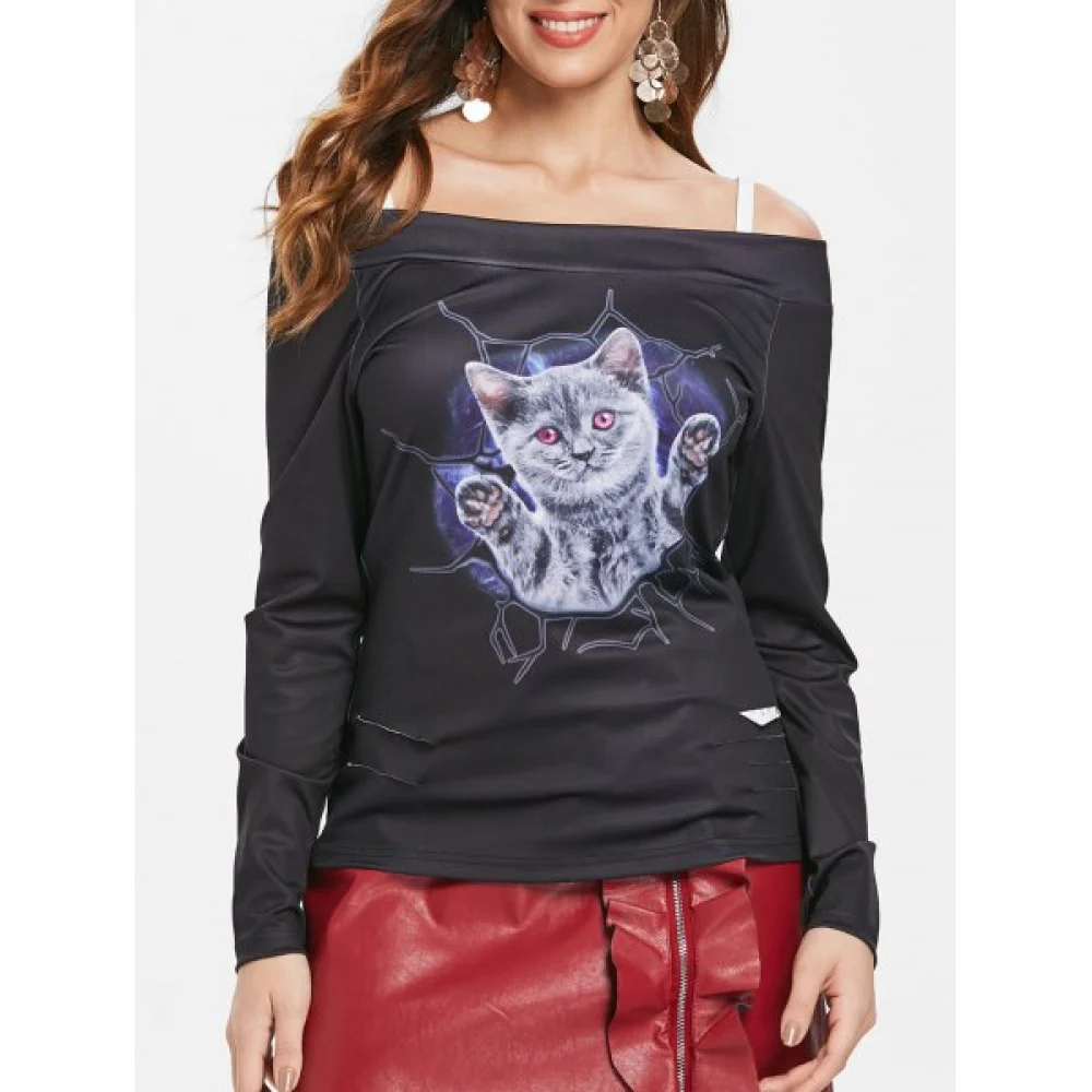 Halloween Cold houlder 3D Cat Print T-shirt - Black Fansmadedirect