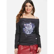 Halloween Cold houlder 3D Cat Print T-shirt - Black Fansmadedirect
