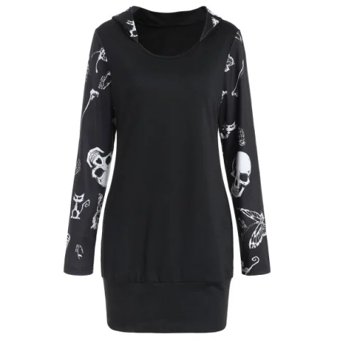 Halloween kull Print Longline Hoodie - Black Fansmadedirect