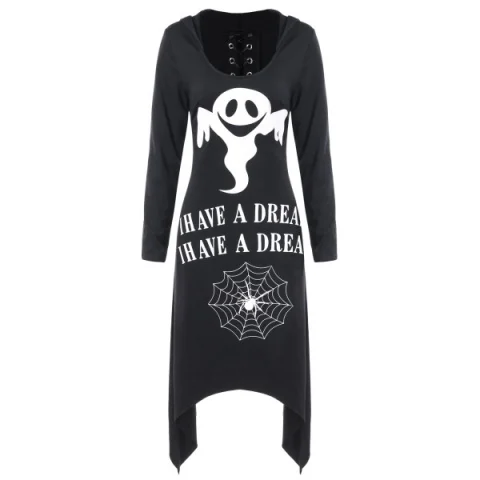 Halloween Letters Lace Up Longline Hoodie - Black Fansmadedirect