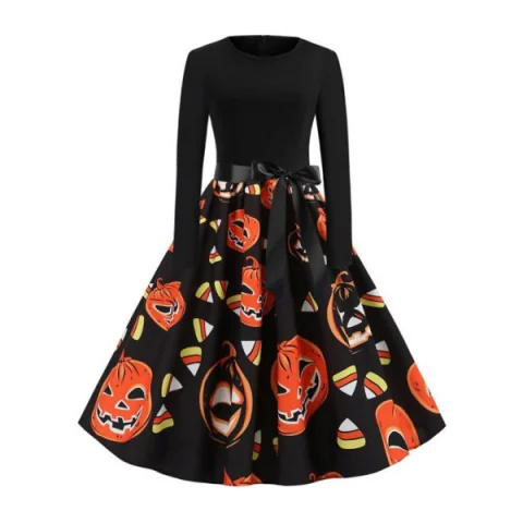 Halloween Pumpkin Belted Prom Dress - Black Fansmadedirect