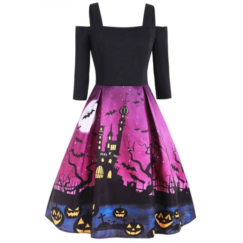 Halloween Pumpkin Castle Print Open houlder Dress - Fansmadedirect