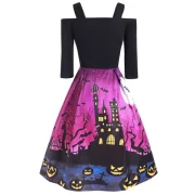 Halloween Pumpkin Castle Print Open houlder Dress - Fansmadedirect