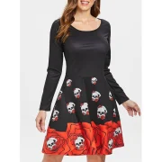 Halloween Skull Print Flare Dress - Black Fansmadedirect