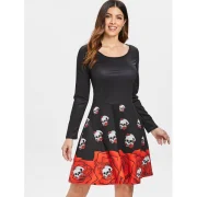 Halloween Skull Print Flare Dress - Black Fansmadedirect