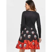 Halloween Skull Print Flare Dress - Black Fansmadedirect