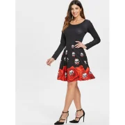 Halloween Skull Print Flare Dress - Black Fansmadedirect