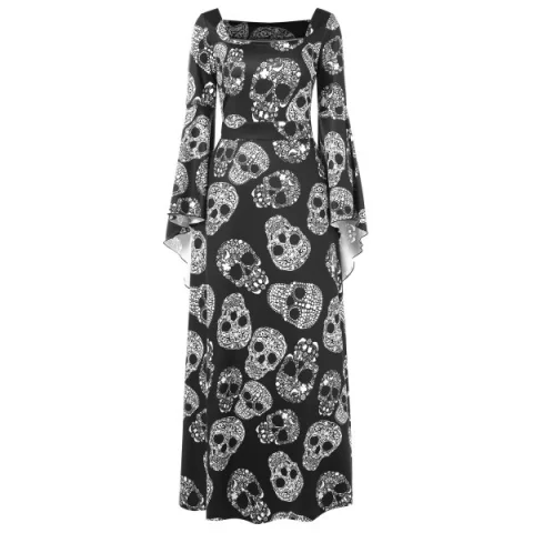 Halloween Skulls Print High Waist axi Dress - Black Fansmadedirect