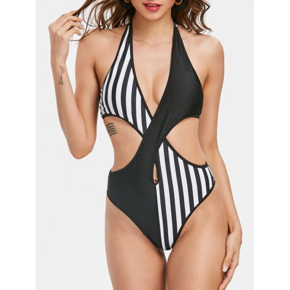 Halter Color Block onokini Swimwear - Black Fansmadedirect