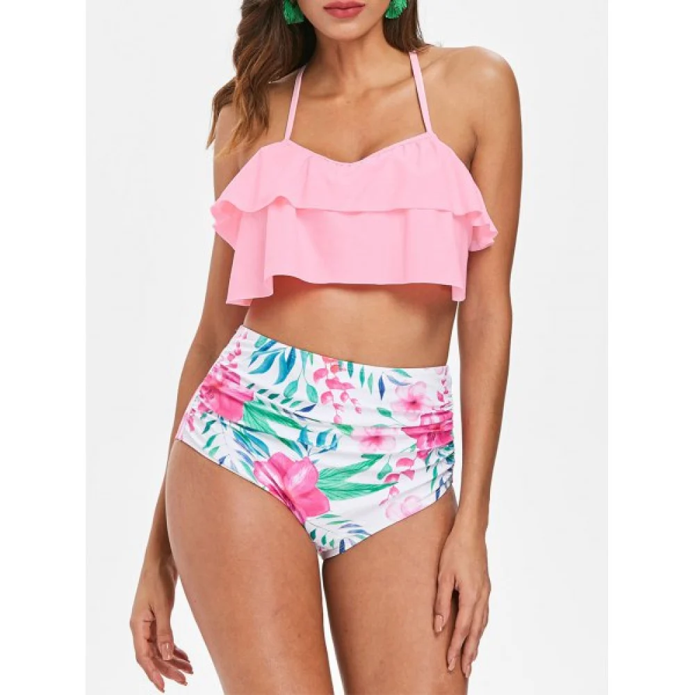 Halter Flounce Flower Bikini Set - Pig Pink Fansmadedirect
