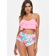 Halter Flounce Flower Bikini Set - Pig Pink Fansmadedirect