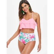 Halter Flounce Flower Bikini Set - Pig Pink Fansmadedirect