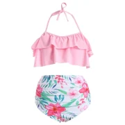 Halter Flounce Flower Bikini Set - Pig Pink Fansmadedirect