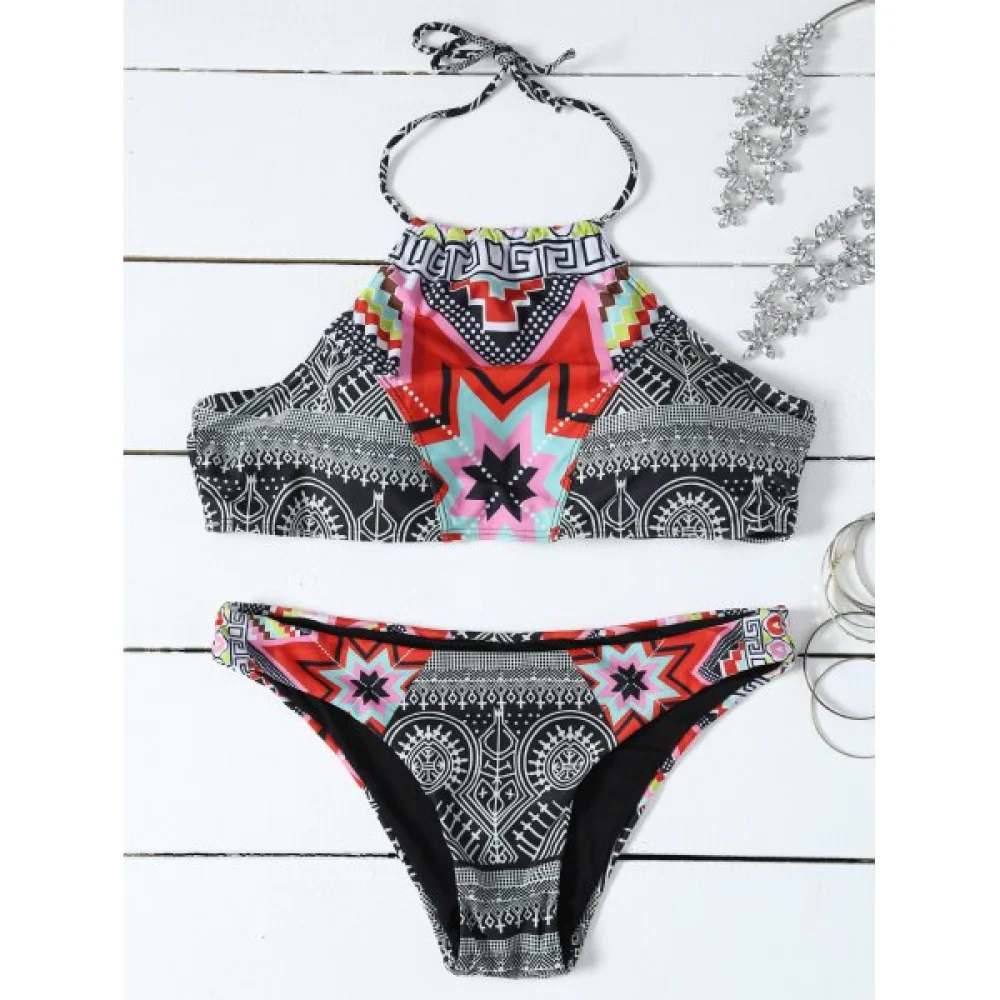 Halter High Neck Geometrical Print Boho Bikini et - Black Fansmadedirect