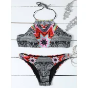 Halter High Neck Geometrical Print Boho Bikini et - Black Fansmadedirect