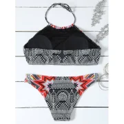 Halter High Neck Geometrical Print Boho Bikini et - Black Fansmadedirect