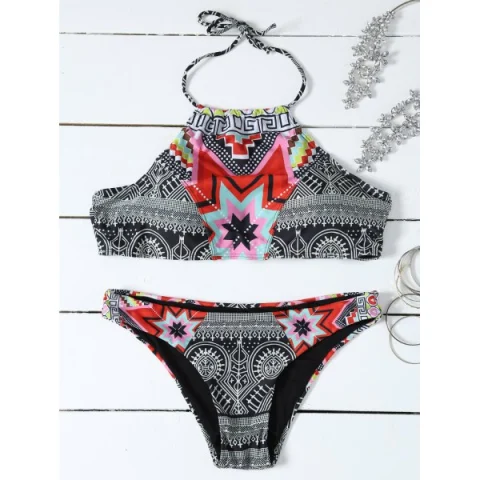 Halter High Neck Geometrical Print Boho Bikini et - Black Fansmadedirect