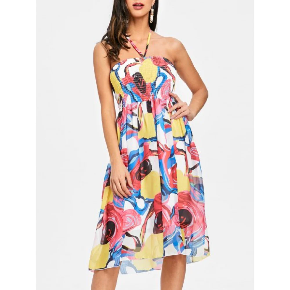 Halter mocked Printed Chiffon Dress - Fansmadedirect