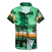 Hawaii Coconut Trees Scenery Print Beach Short Sleeves Shirt - Green Fansmadedirect