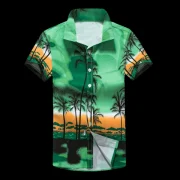 Hawaii Coconut Trees Scenery Print Beach Short Sleeves Shirt - Green Fansmadedirect