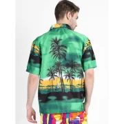 Hawaii Coconut Trees Scenery Print Beach Short Sleeves Shirt - Green Fansmadedirect
