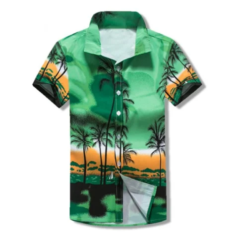 Hawaii Coconut Trees Scenery Print Beach Short Sleeves Shirt - Green Fansmadedirect