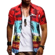 Hawaii Palm Tree Pattern Button Down Shirt - Red Fansmadedirect