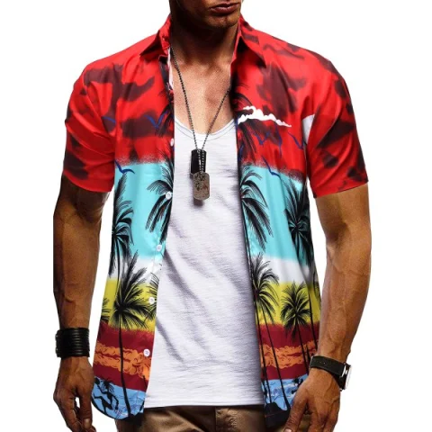 Hawaii Palm Tree Pattern Button Down Shirt - Red Fansmadedirect