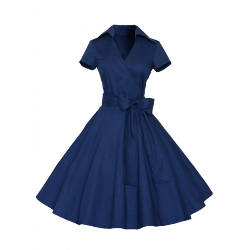 Hepburn Vintage Series Women Dress Spring And Summer Pure Color Lapel V-neck Design Short Sleeve Retro Belt Dress - Navy Blue Fa
